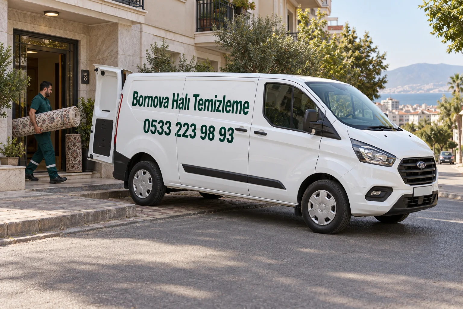 Bornova Halı Temizleme ve 0533 223 98 93 yazılı Ford Custom ile kapıdan halı alma sahnesi