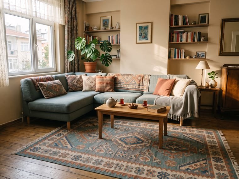 Gün ışığı alan bir oturma odasında yere serili desenli kilim, köşe koltuk ve sehpada çay